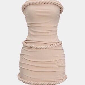 Chic Strapless Beige Mini Dress with Rope Detail
